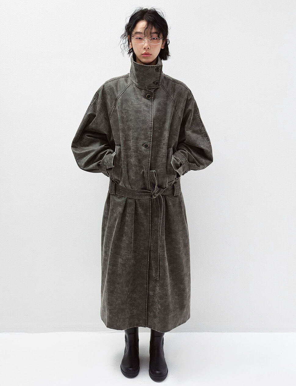 Charcoal Distressed Leather Trench