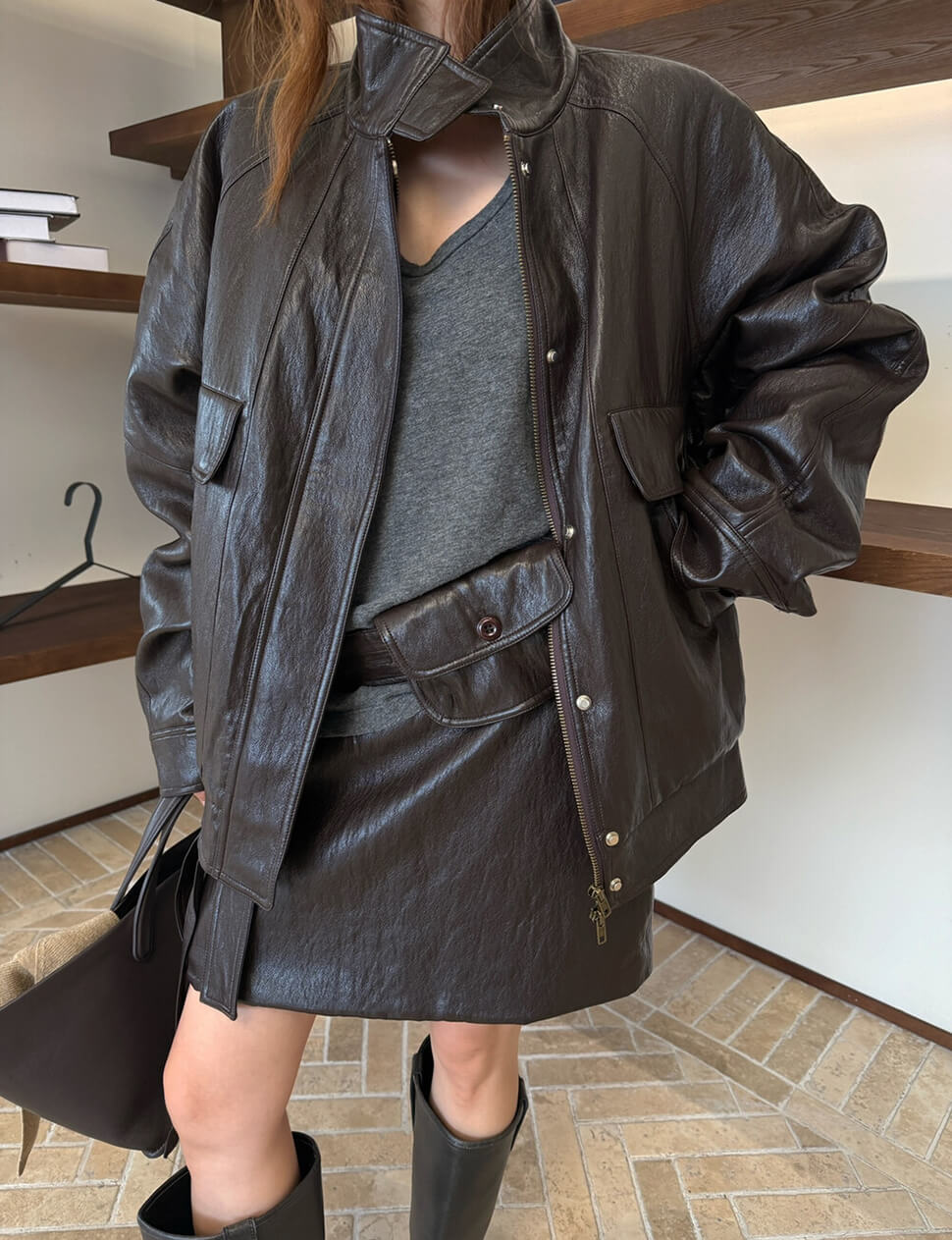 Brown High-Neck Leather Jacket