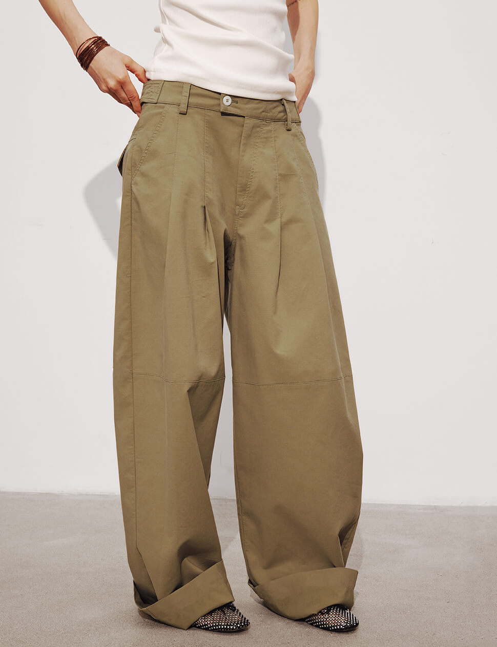 Baggy Wide-Leg Khaki Button Trousers
