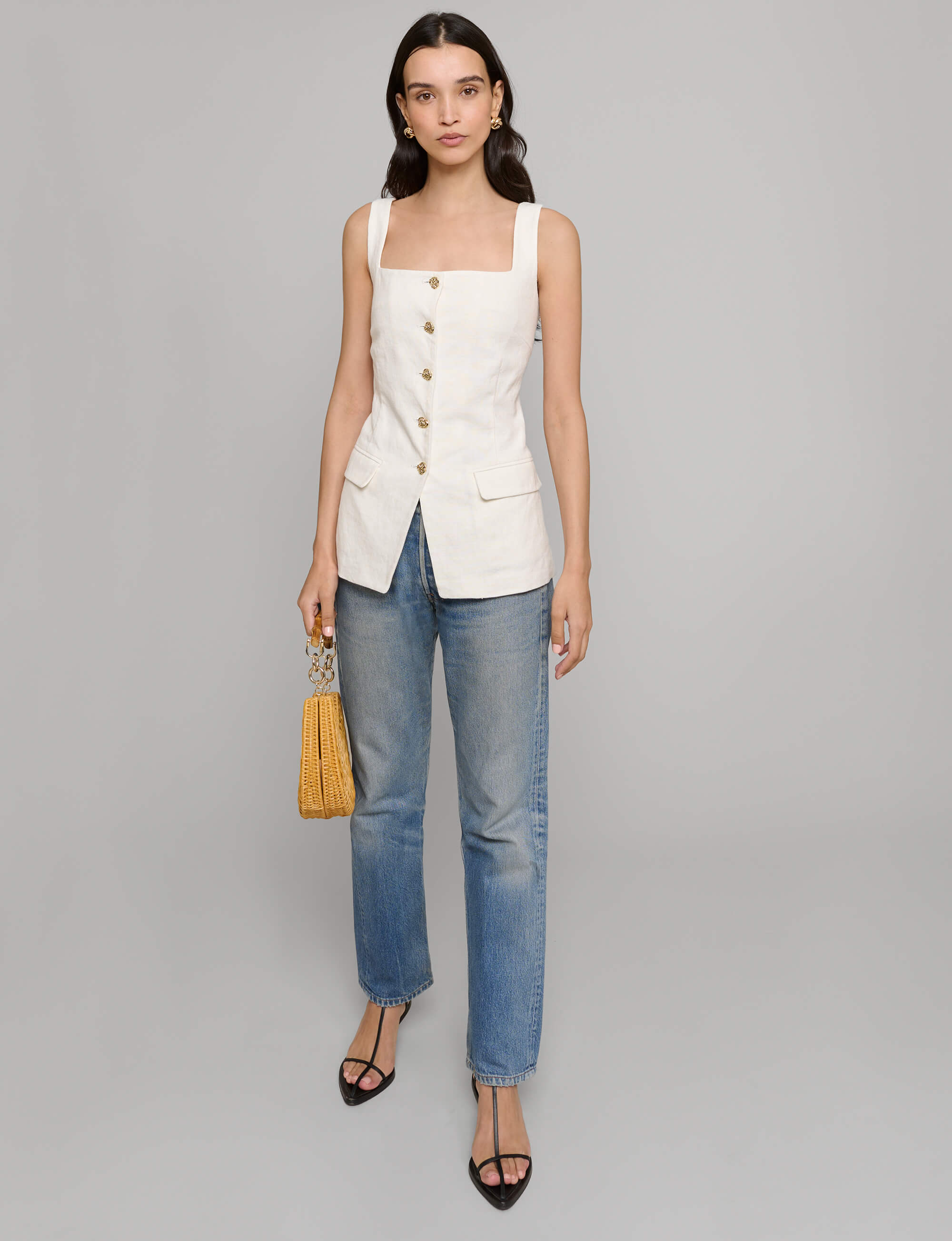 Agatha Gold-Button Linen Top