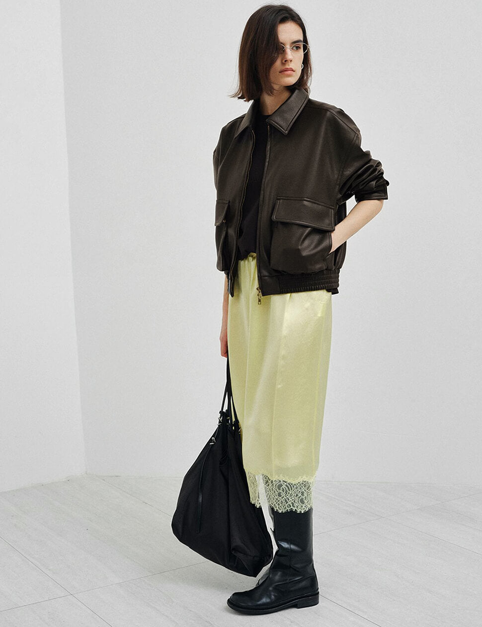 Dark-Brown Cargo Pocket Cropped Leather Bomber Jacket