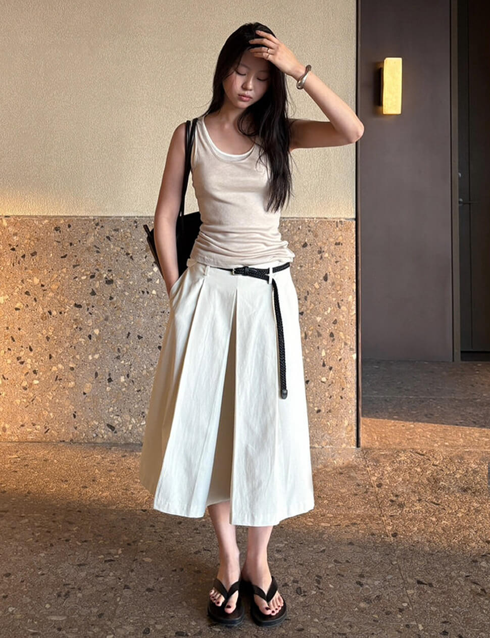 Beige Belted Pleated Long Shorts