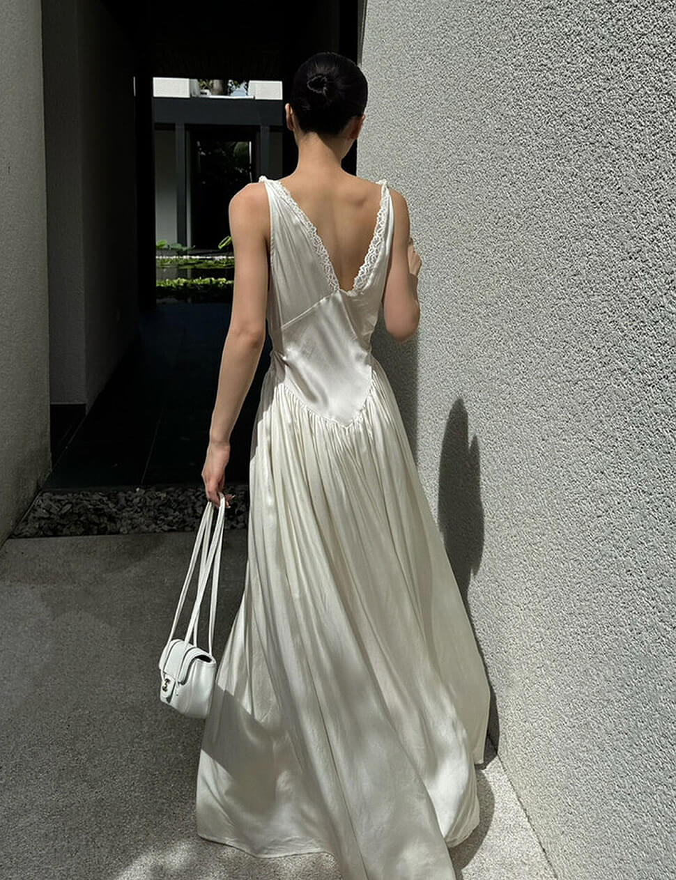 Cream Satin Lace Trim Maxi Dress