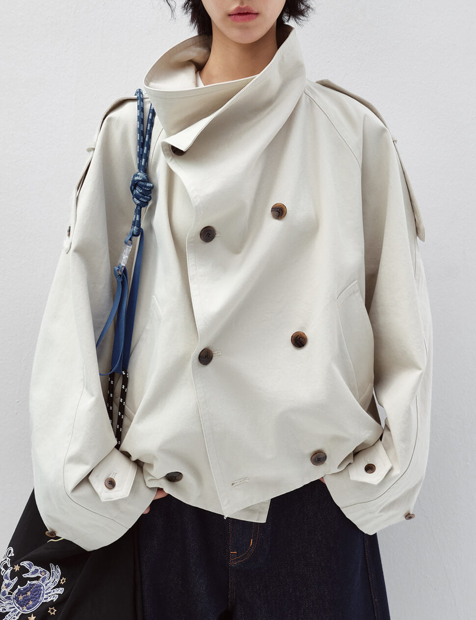 Beige Cropped Funnel Neck Trench Jacket