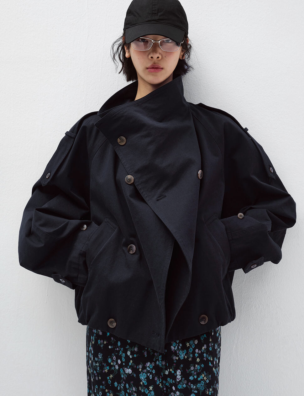 Dark Navy Cropped Funnel Neck Trench Jacket