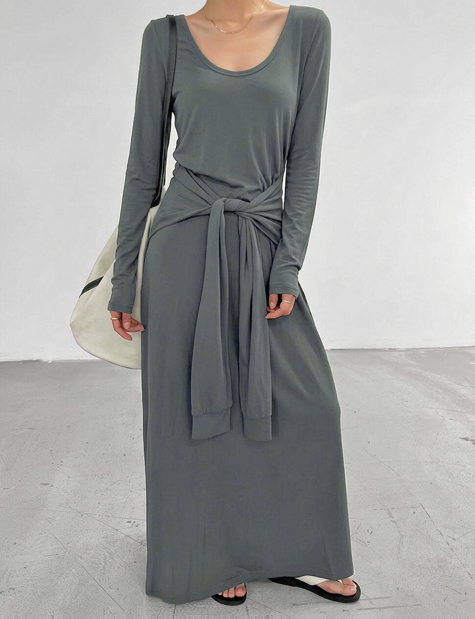 Sleeve Waist-Tie Long Sleeve Dress