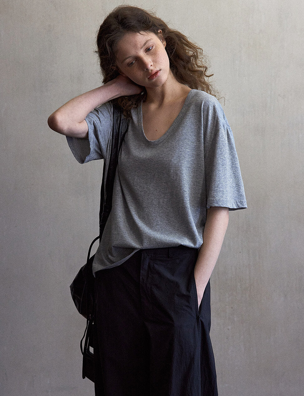 Grey Scoop Neck Relaxed Tee-PREORDER