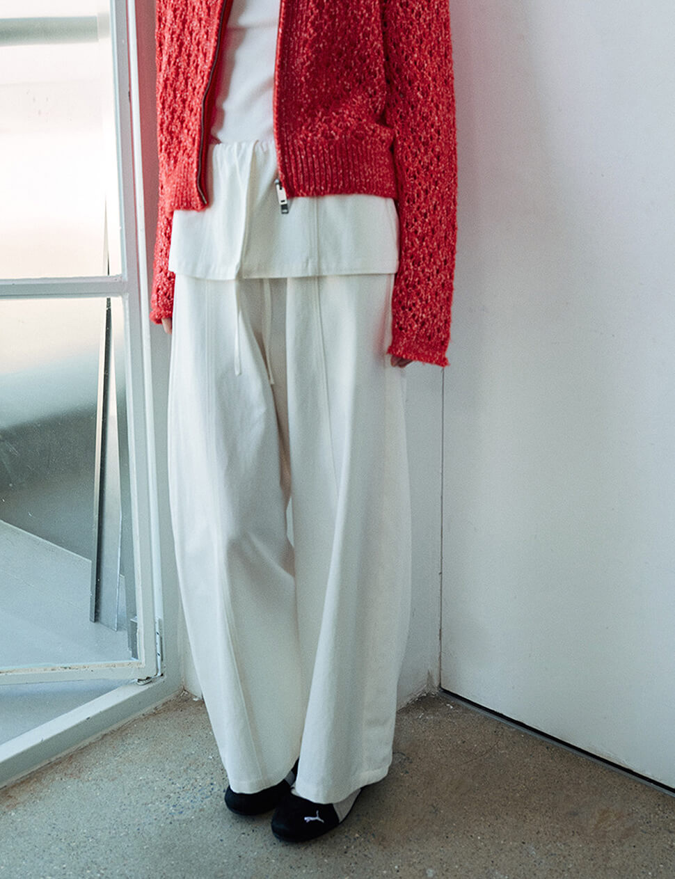 White Cotton Crop Barrel Leg Pants With Skirt Overlay