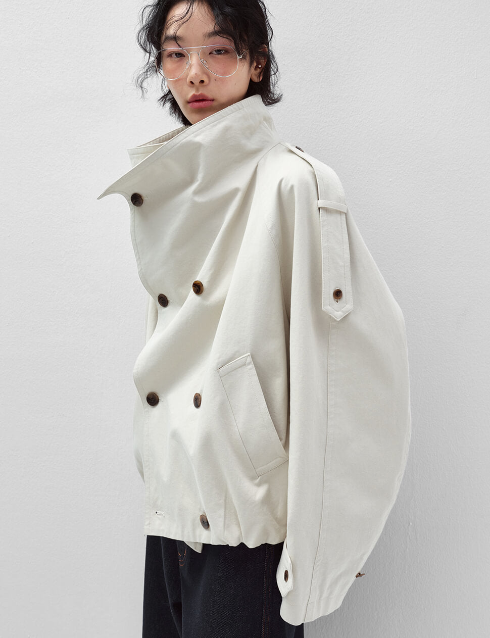 Beige Cropped Funnel Neck Trench Jacket
