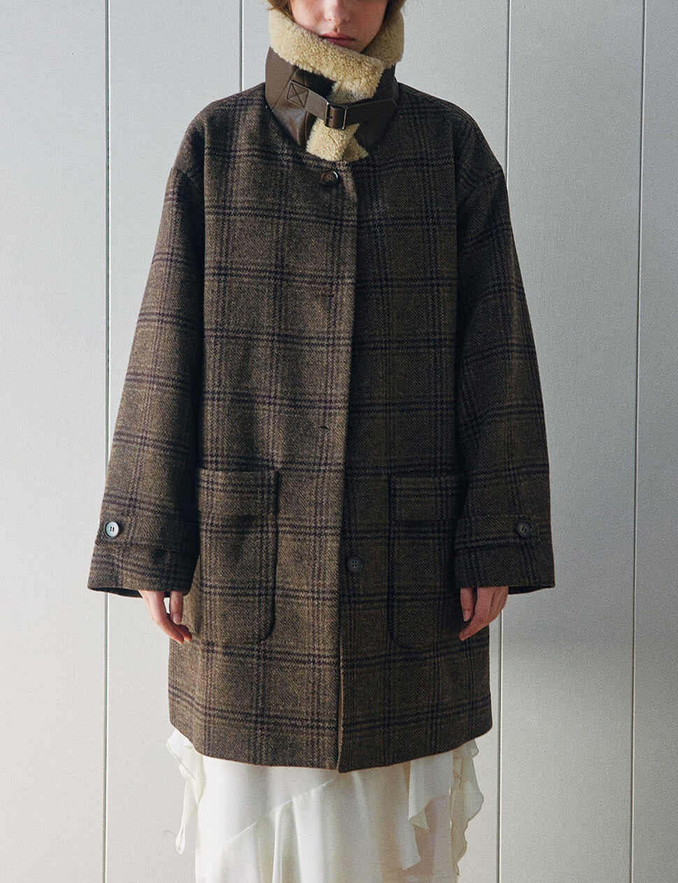 Brown Plaid Fur Collar Coat