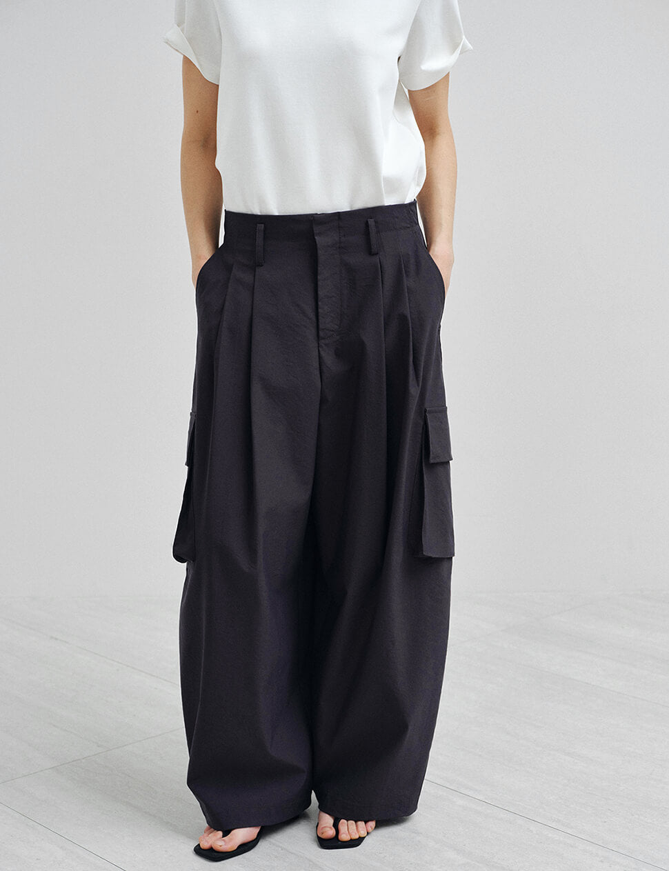 Dark-Navy Pleated Wide Leg Cargo Pants-PREORDER