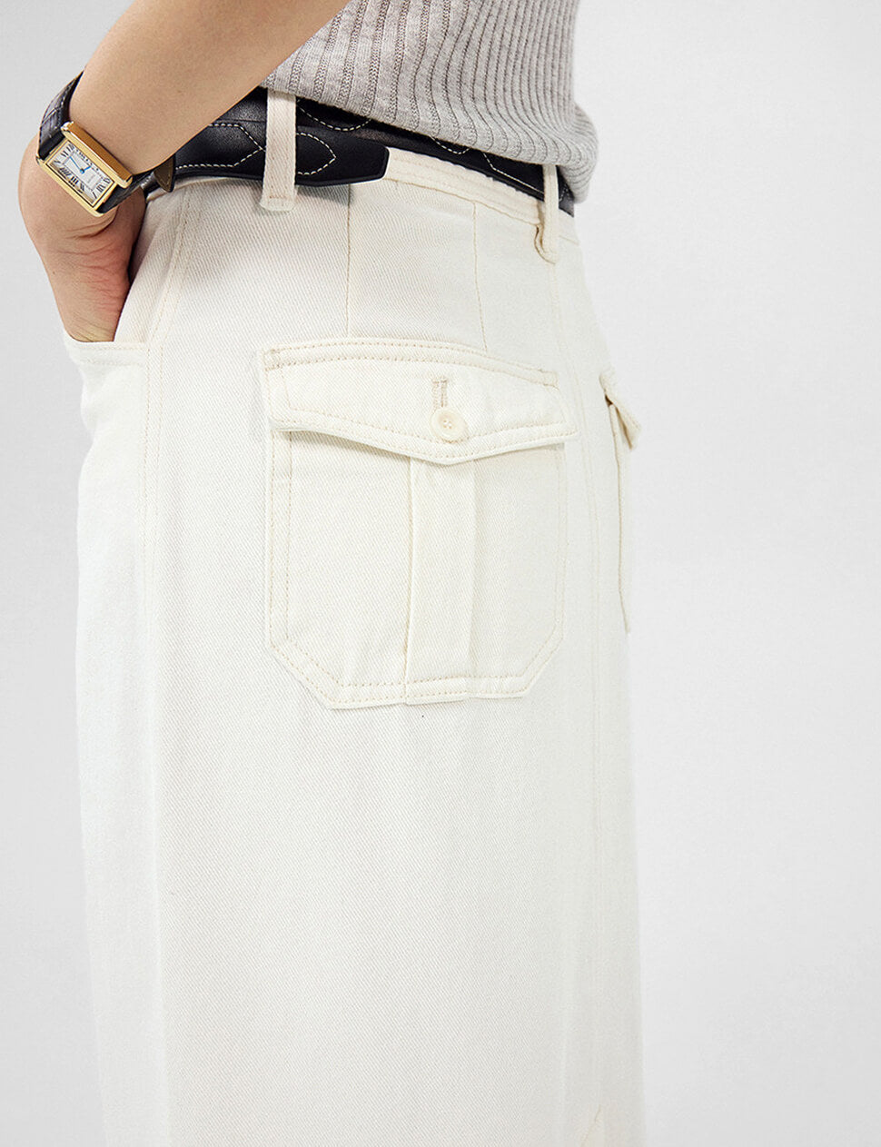 Ecru Denim Straight Cargo Maxi Skirt