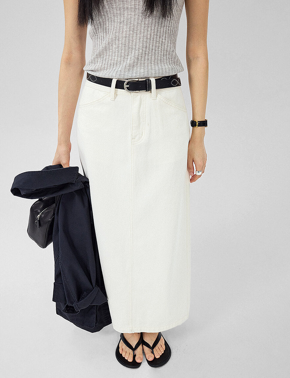 Ecru Denim Straight Cargo Maxi Skirt