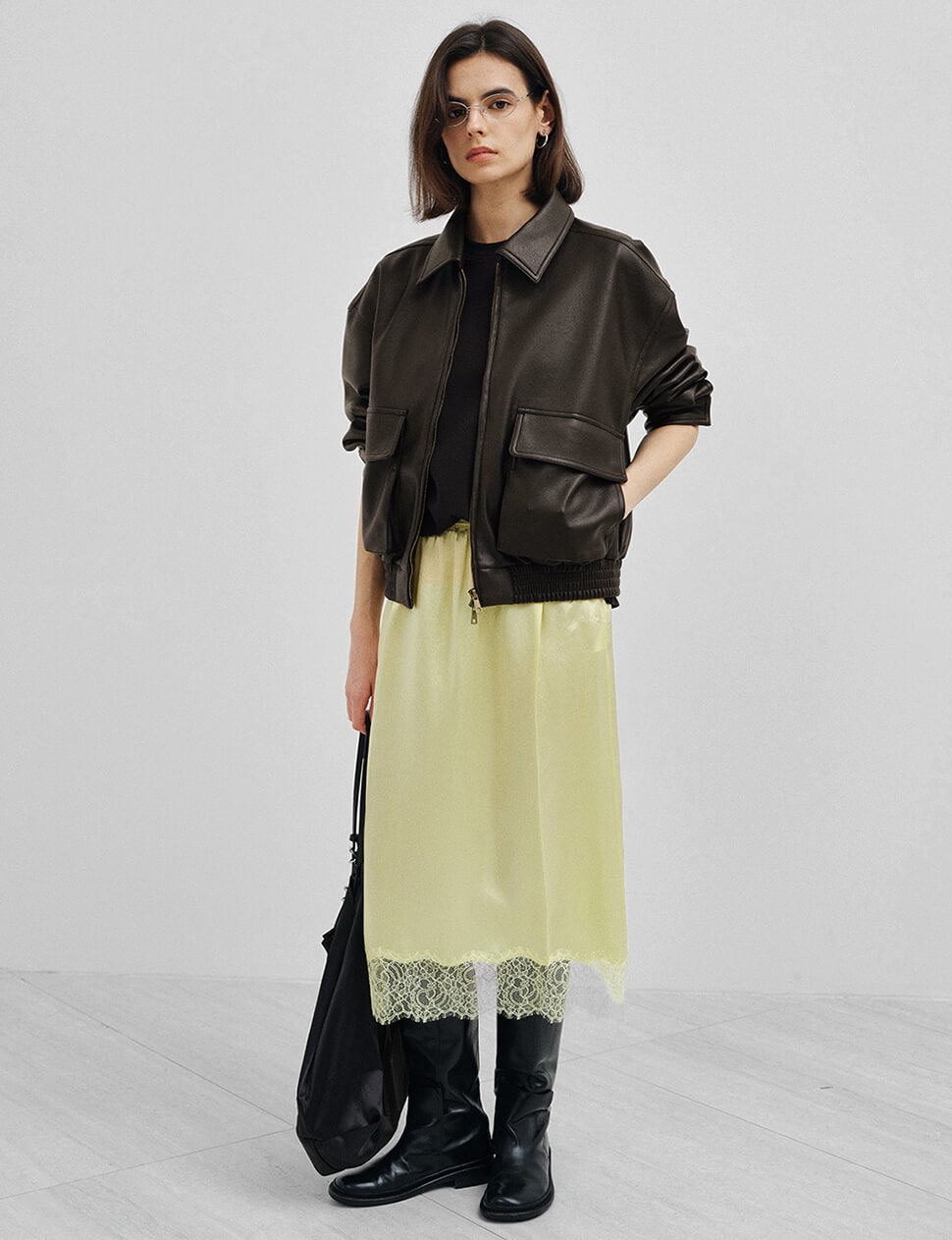 Dark-Brown Cargo Pocket Cropped Leather Bomber Jacket