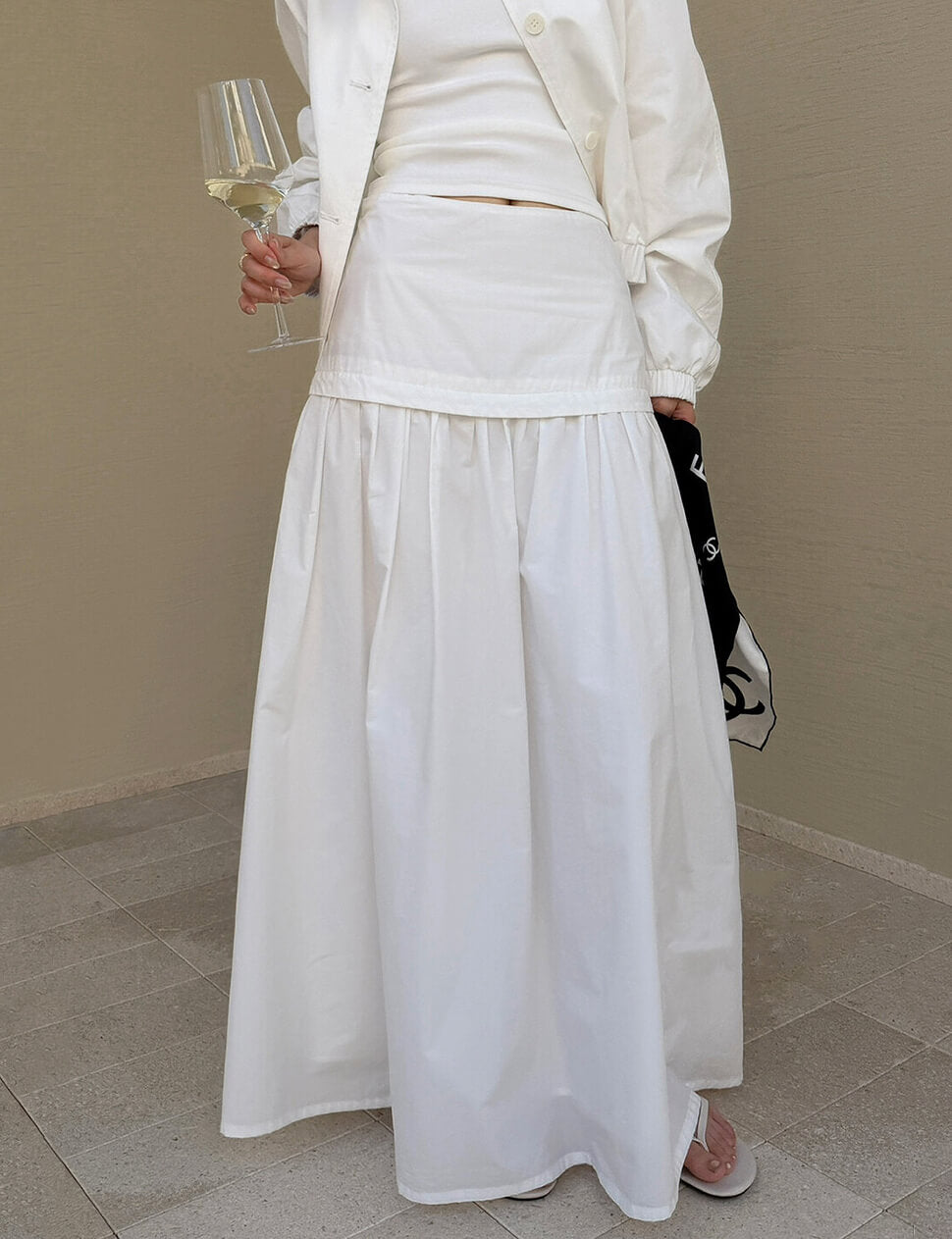 White High-Waist Gathered Cotton Maxi Skirt-PREORDER