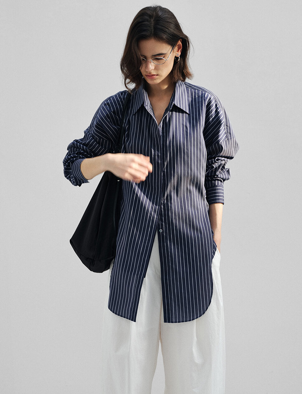 Navy Striped Tie Waist Oversized Shirt