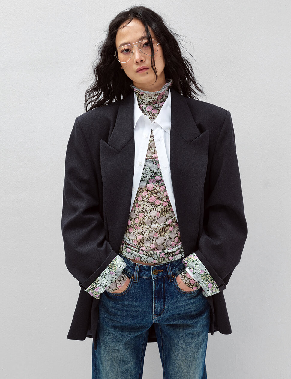 Black Oversized Blazer with Floral Contrast Lining