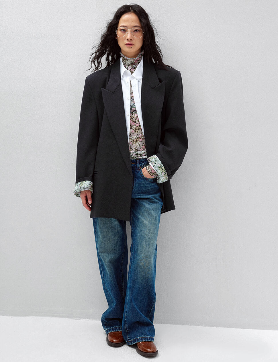 Black Oversized Blazer with Floral Contrast Lining