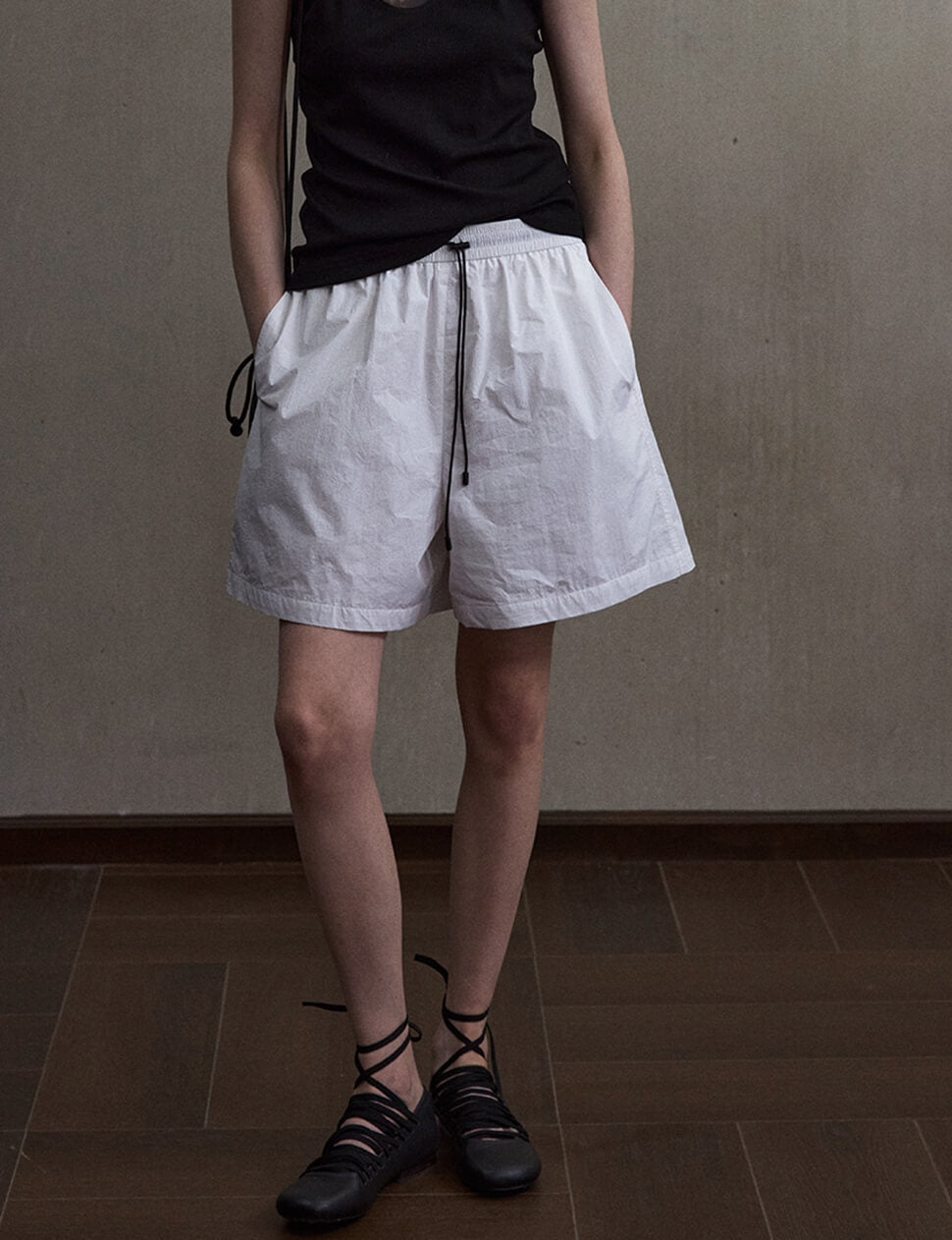 White Parachute Drawstring Shorts-PREORDER